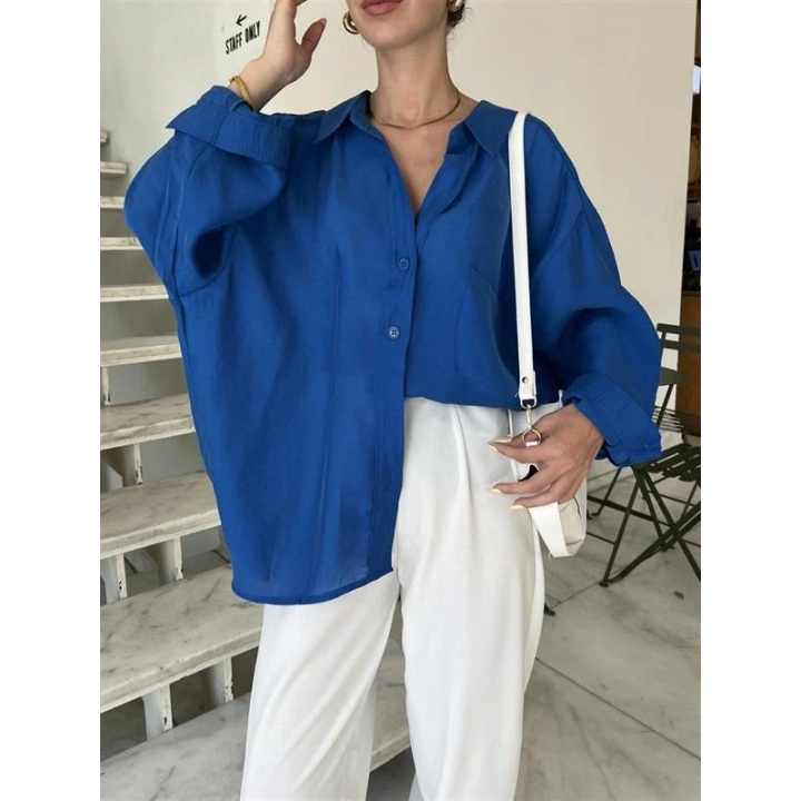 Saks Mavi Oversize Tensel Gömlek