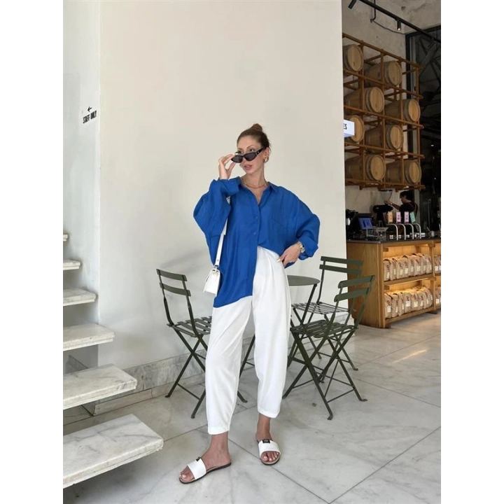 Saks Mavi Oversize Tensel Gömlek