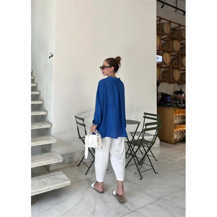 Saks Mavi Oversize Tensel Gömlek