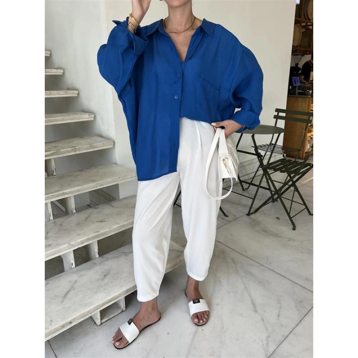 Saks Mavi Oversize Tensel Gömlek