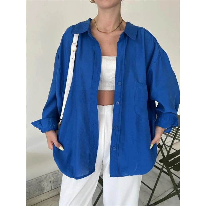 Saks Mavi Oversize Tensel Gömlek