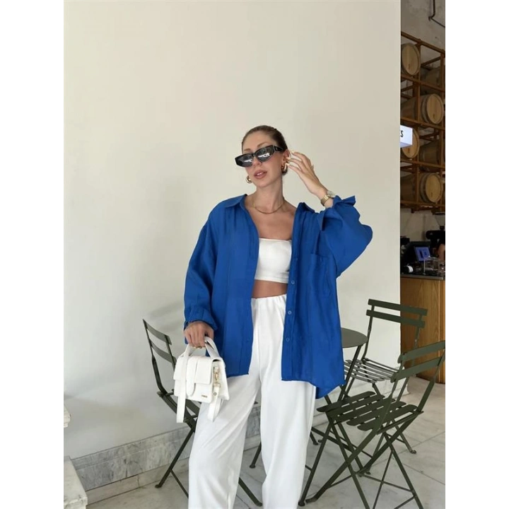 Saks Mavi Oversize Tensel Gömlek