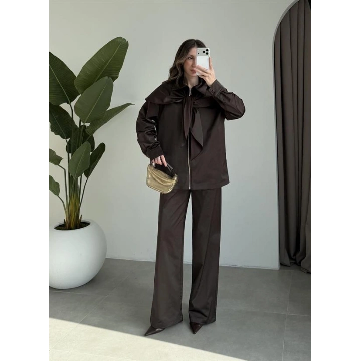 Şal Detaylı Kahve Saten Dokulu Takım