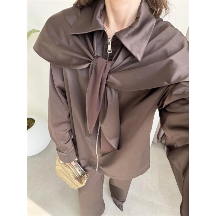 Şal Detaylı Kahve Saten Dokulu Takım