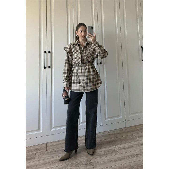 Şallı Ekose Kuşaklı Bej Gömlek