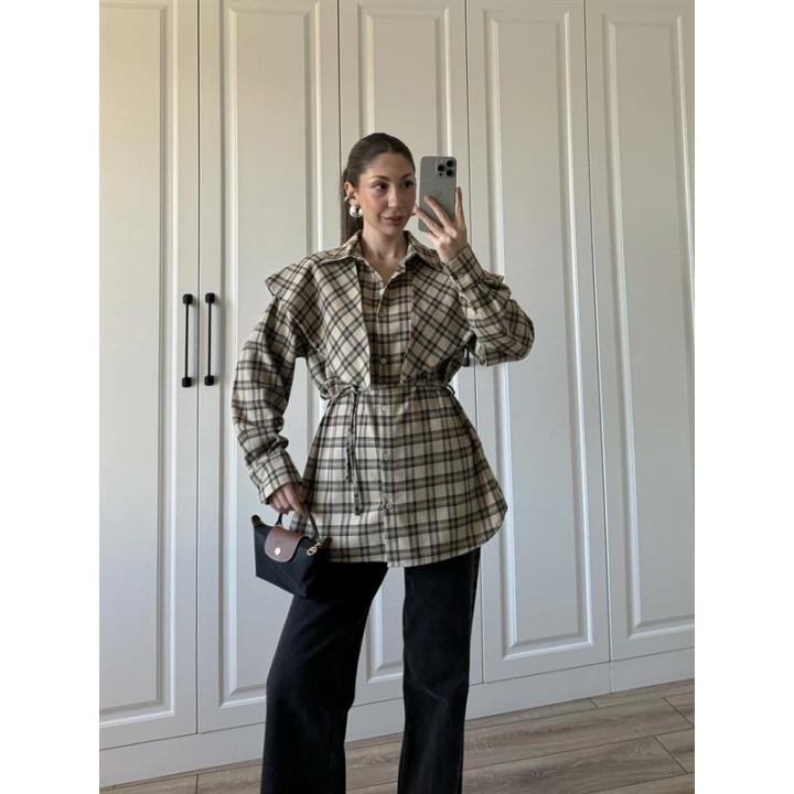 Şallı Ekose Kuşaklı Bej Gömlek