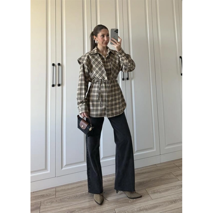 Şallı Ekose Kuşaklı Bej Gömlek