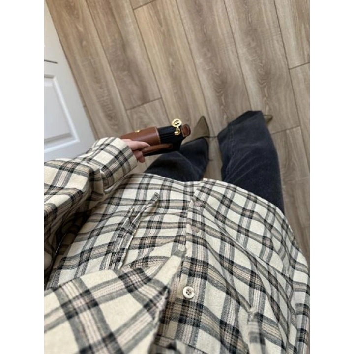 Şallı Ekose Kuşaklı Bej Gömlek
