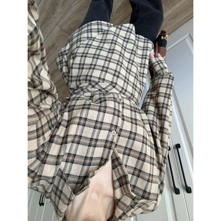 Şallı Ekose Kuşaklı Bej Gömlek