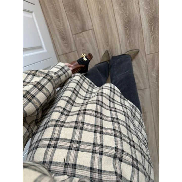 Şallı Ekose Kuşaklı Bej Gömlek