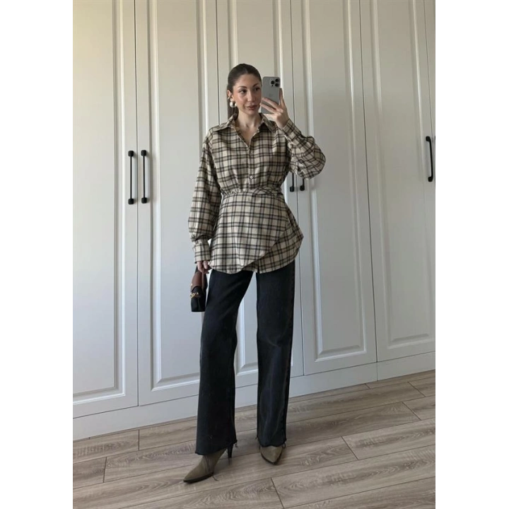 Şallı Ekose Kuşaklı Bej Gömlek