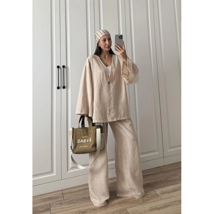 Sandro Tek Düğmeli Keten Palazzo Bej Takım