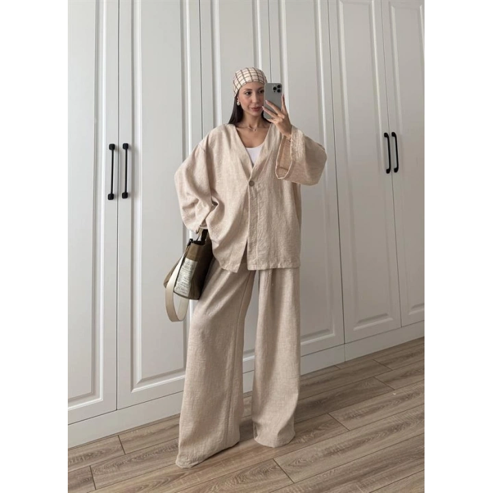 Sandro Tek Düğmeli Keten Palazzo Bej Takım