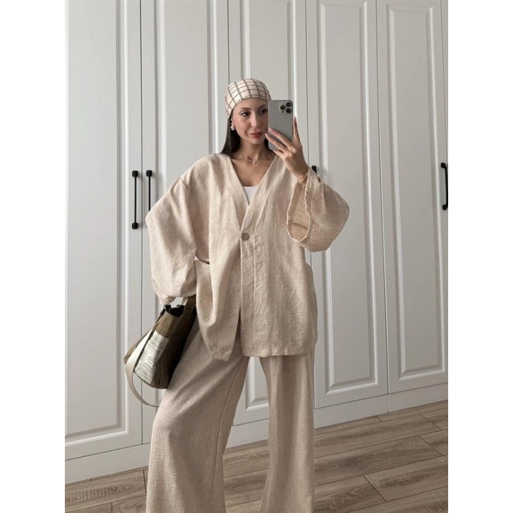 Sandro Tek Düğmeli Keten Palazzo Bej Takım