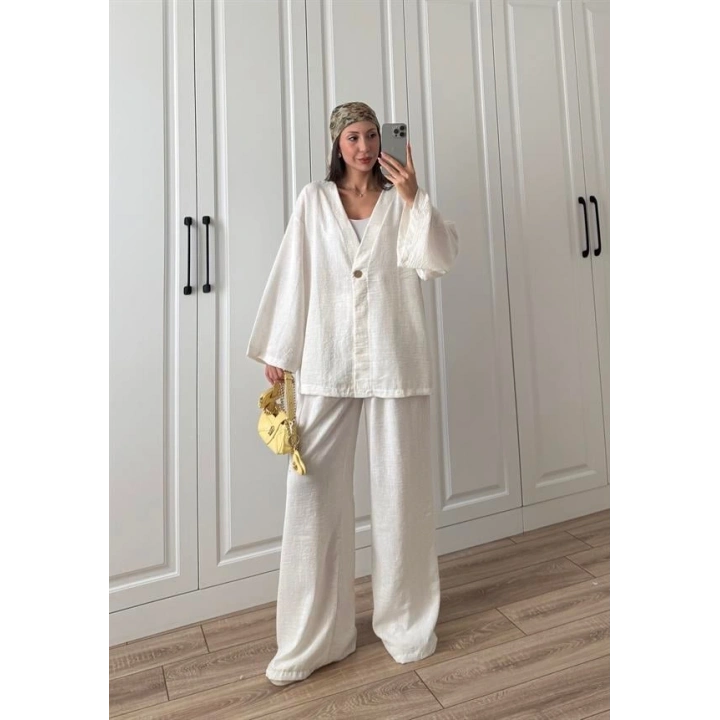 Sandro Tek Düğmeli Keten Palazzo Ekru Takım