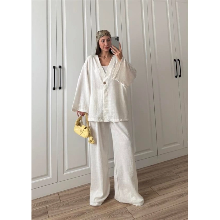 Sandro Tek Düğmeli Keten Palazzo Ekru Takım