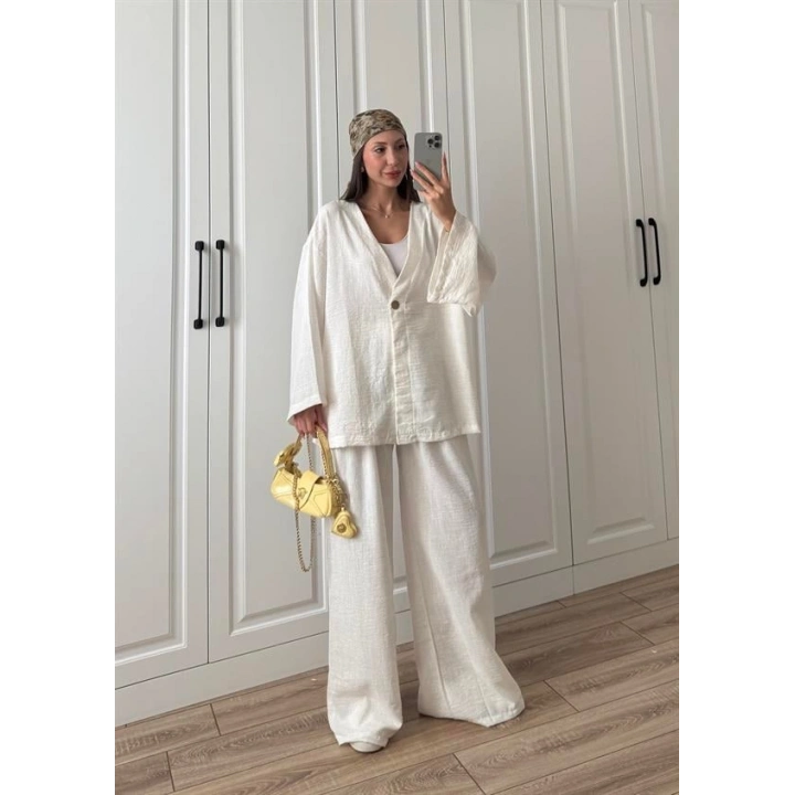 Sandro Tek Düğmeli Keten Palazzo Ekru Takım