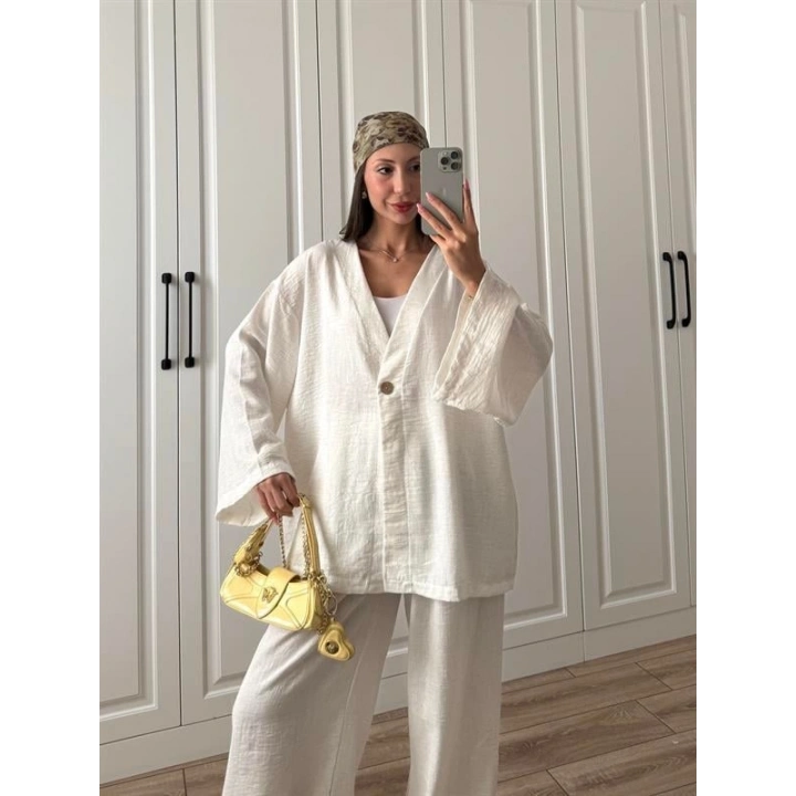 Sandro Tek Düğmeli Keten Palazzo Ekru Takım