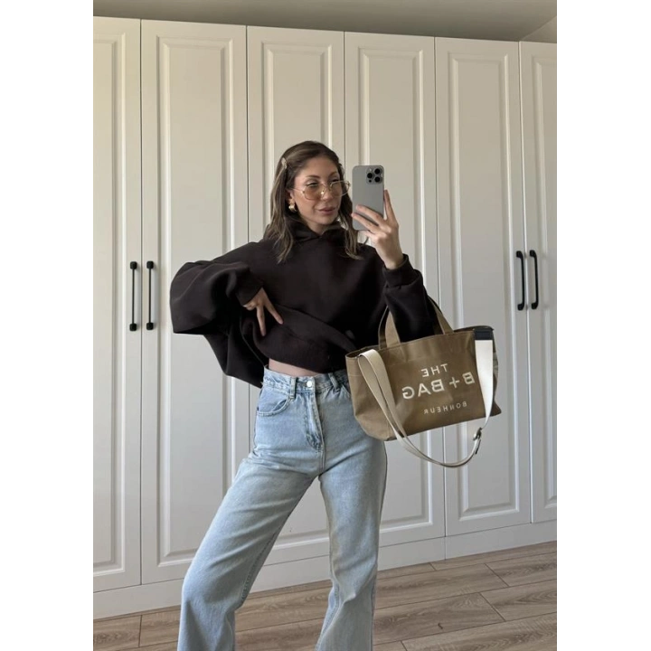 Şardonlu Oversize Kahve Sweatshirt