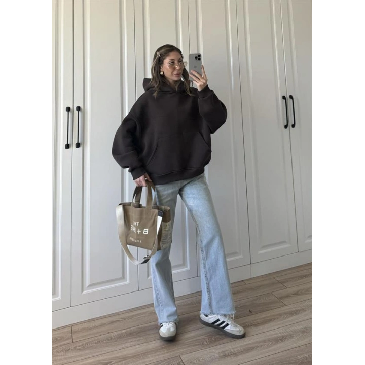 Şardonlu Oversize Kahve Sweatshirt