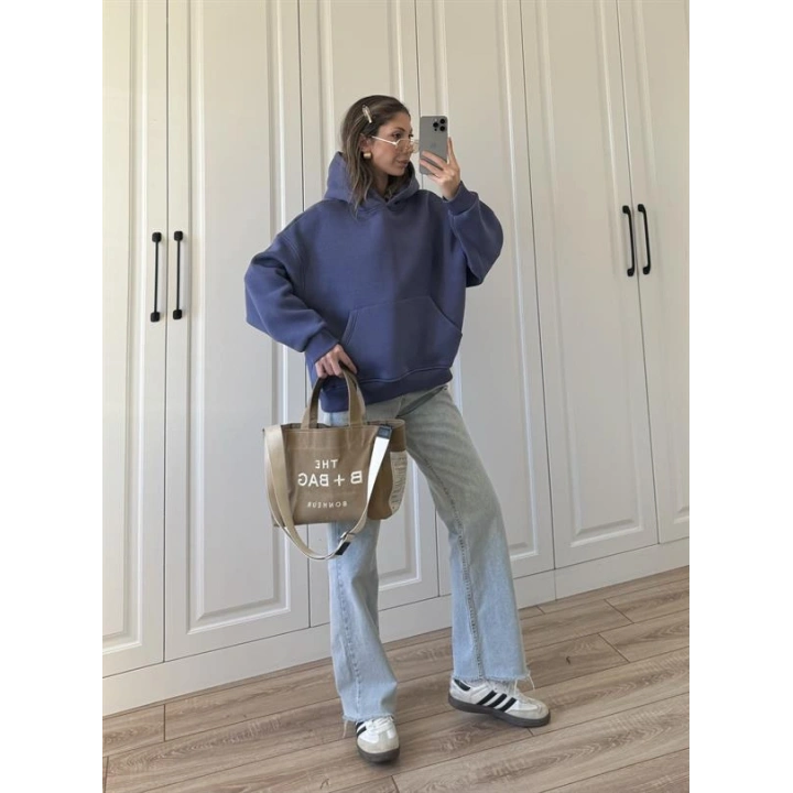 Şardonlu Oversize Mavi Sweatshirt