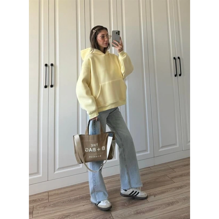 Şardonlu Oversize Sarı Sweatshirt