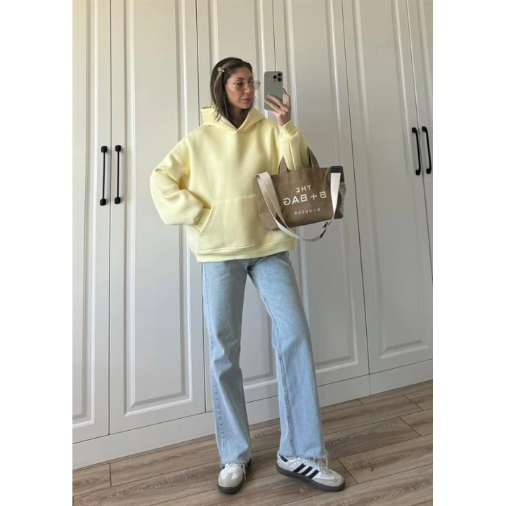 Şardonlu Oversize Sarı Sweatshirt