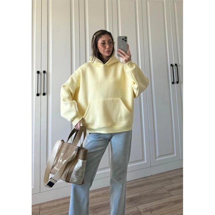 Şardonlu Oversize Sarı Sweatshirt