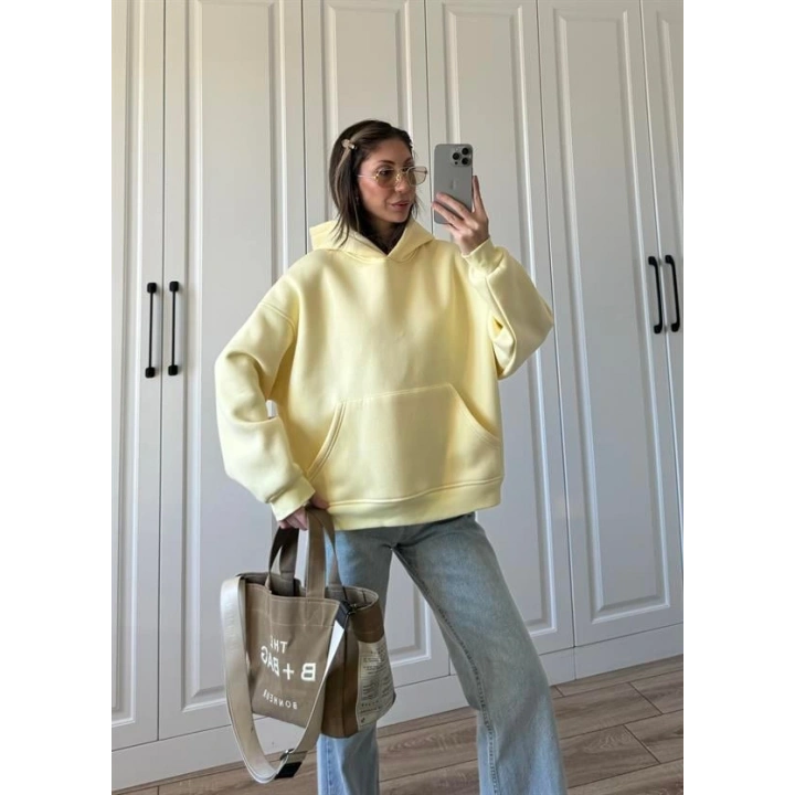 Şardonlu Oversize Sarı Sweatshirt