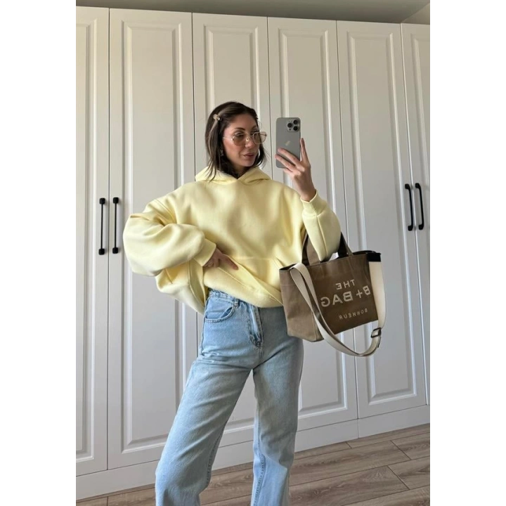 Şardonlu Oversize Sarı Sweatshirt