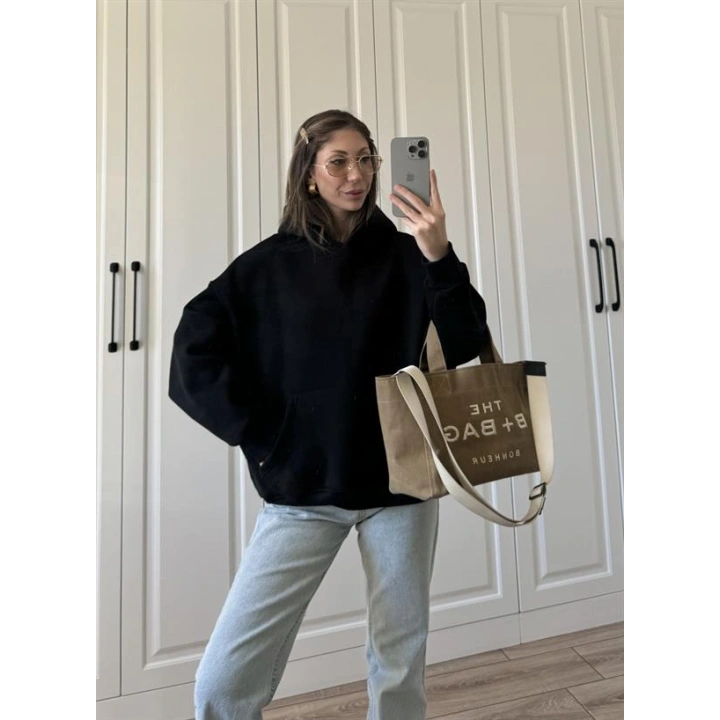 Şardonlu Oversize Siyah Sweatshirt