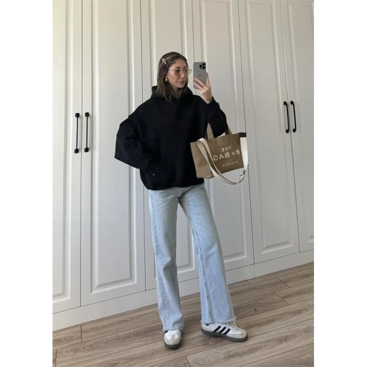 Şardonlu Oversize Siyah Sweatshirt