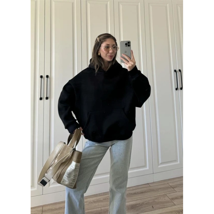 Şardonlu Oversize Siyah Sweatshirt