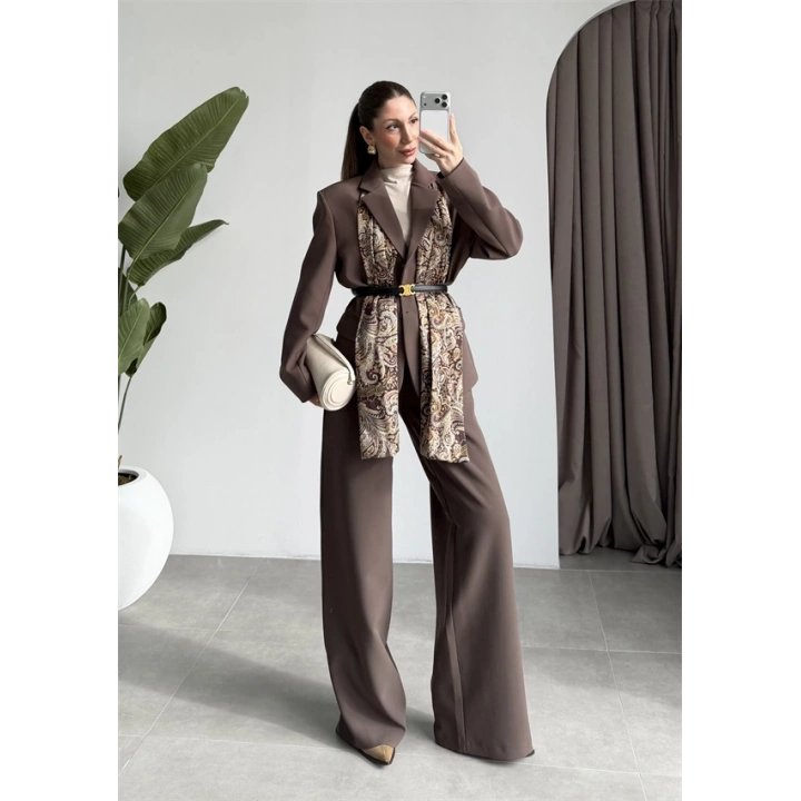 Saten Astarlı Şallı Kahve Ceket Takım