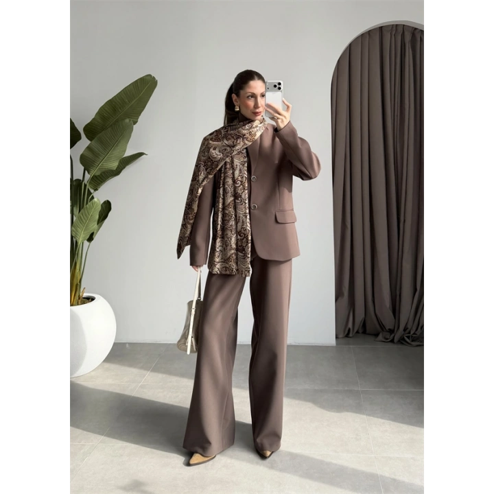 Saten Astarlı Şallı Kahve Ceket Takım