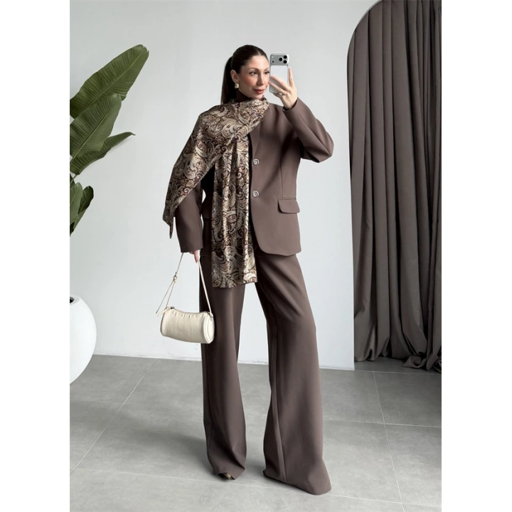 Saten Astarlı Şallı Kahve Ceket Takım