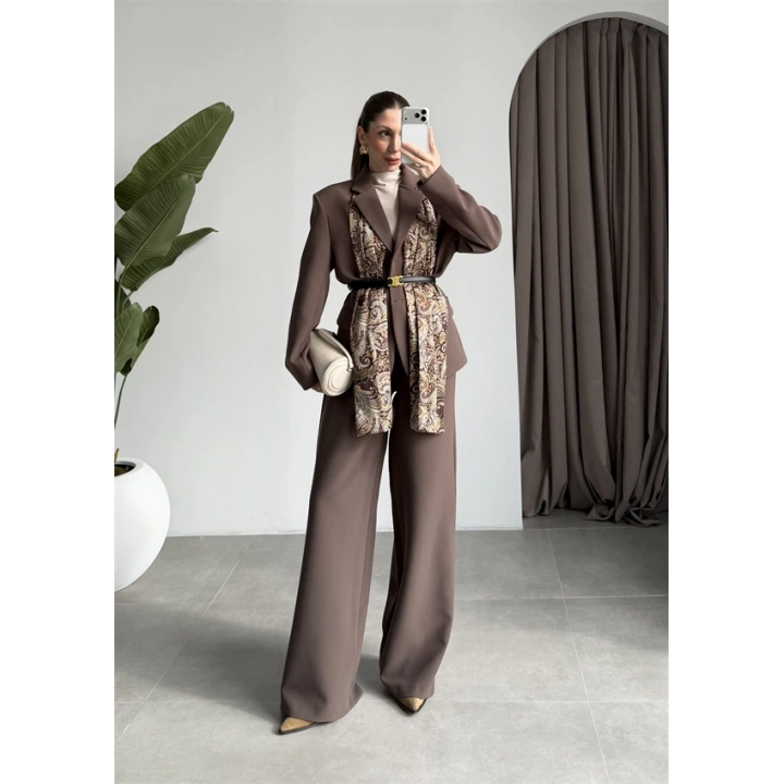 Saten Astarlı Şallı Kahve Ceket Takım