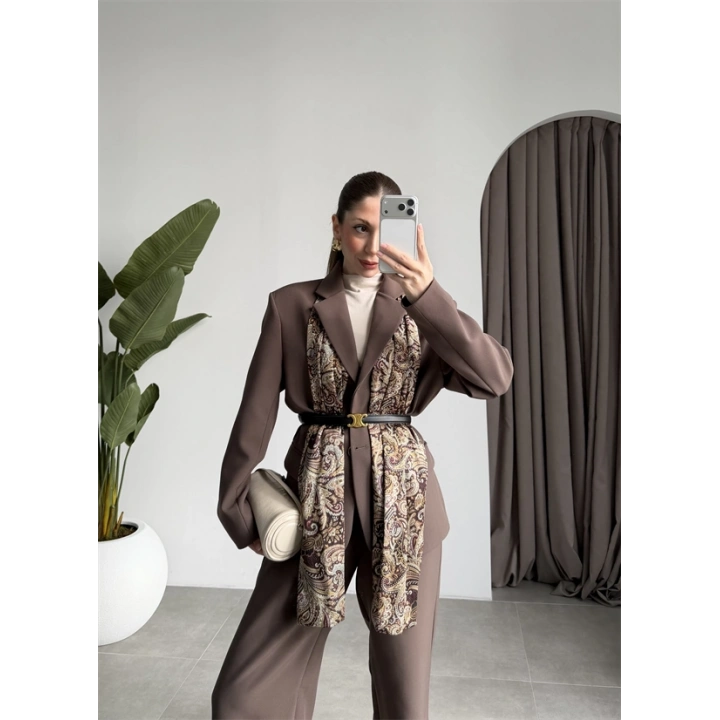 Saten Astarlı Şallı Kahve Ceket Takım