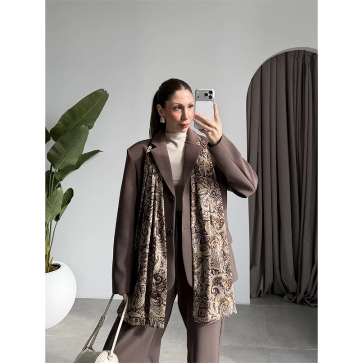 Saten Astarlı Şallı Kahve Ceket Takım