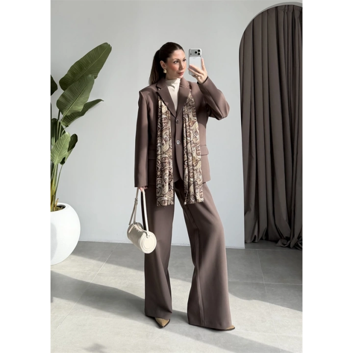 Saten Astarlı Şallı Kahve Ceket Takım