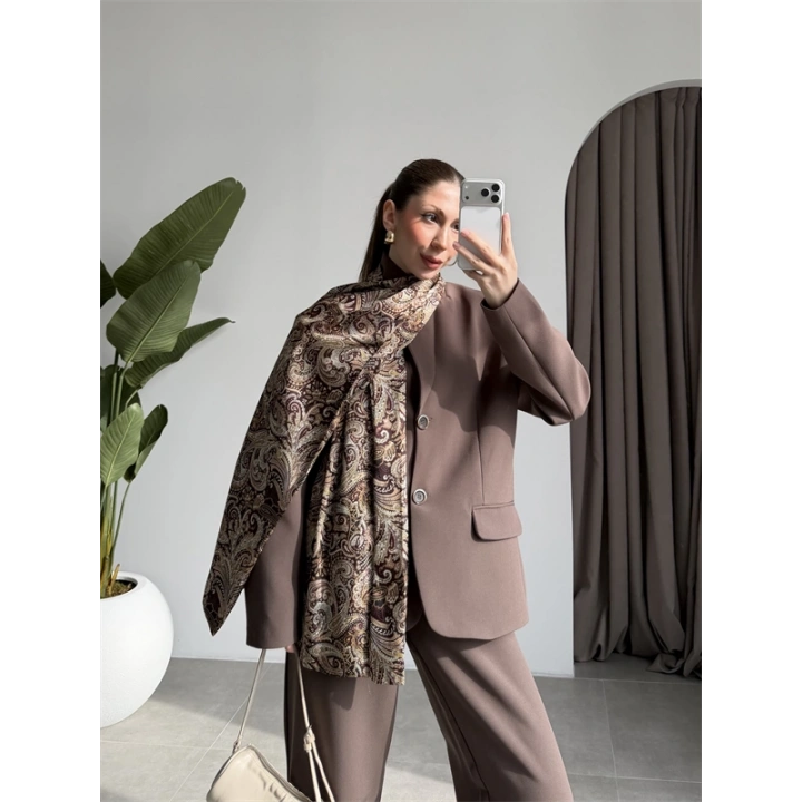 Saten Astarlı Şallı Kahve Ceket Takım