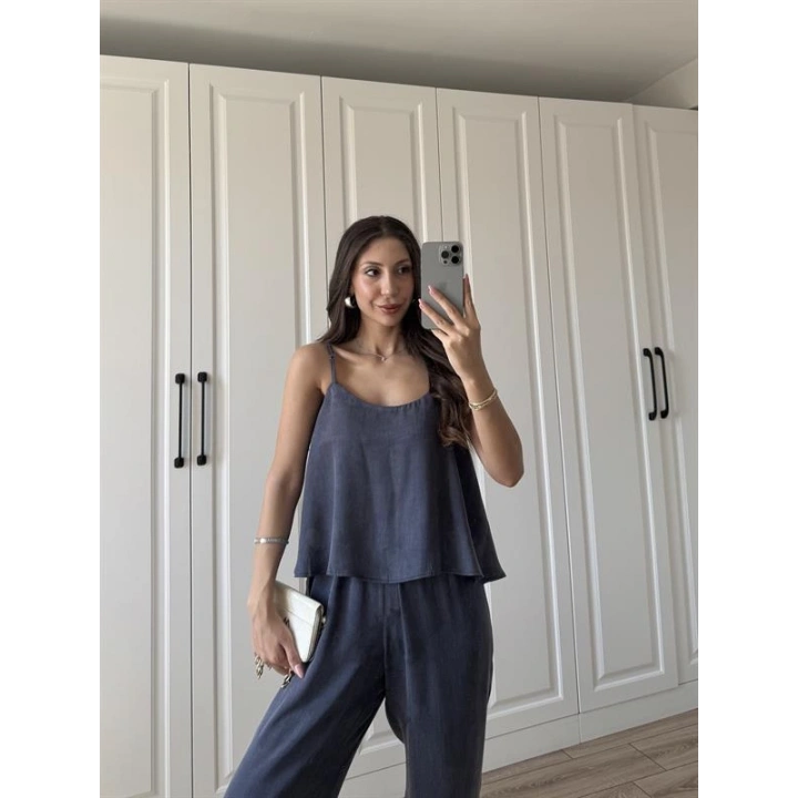 Saten Pamuklu Askılı İndigo Bluz Takım