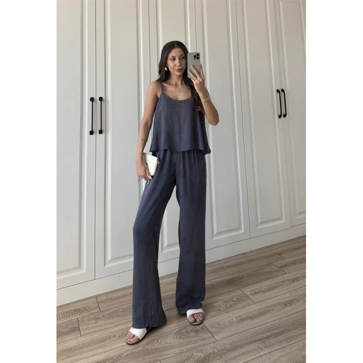 Saten Pamuklu Askılı İndigo Bluz Takım