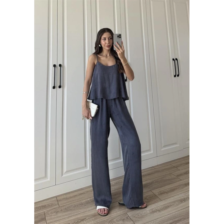 Saten Pamuklu Askılı İndigo Bluz Takım