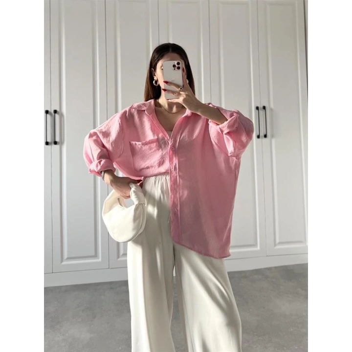 Şeker Pembesi Oversize Tensel Gömlek