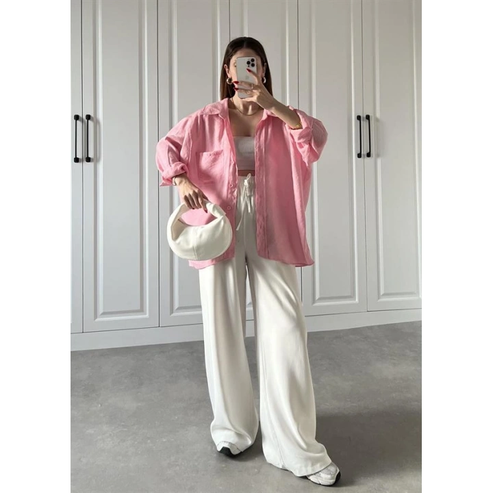 Şeker Pembesi Oversize Tensel Gömlek