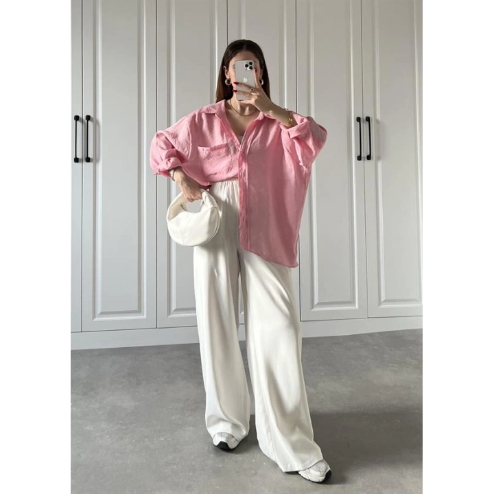Şeker Pembesi Oversize Tensel Gömlek