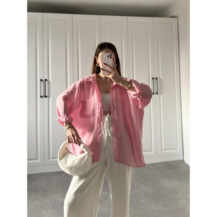 Şeker Pembesi Oversize Tensel Gömlek