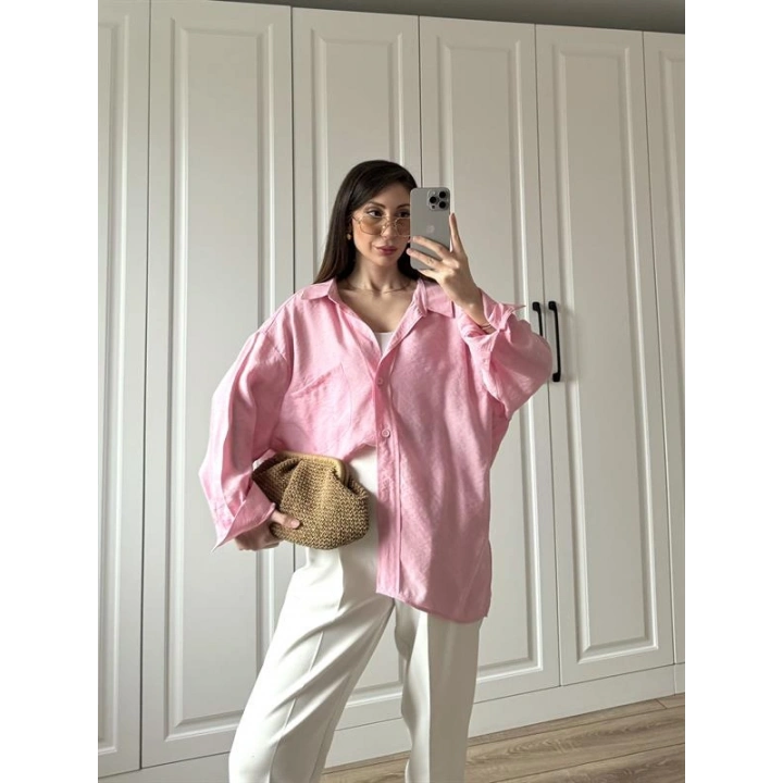Şeker Pembesi Oversize Tensel Gömlek