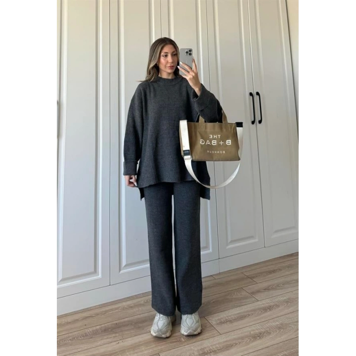 Sık Dokuma Tok Antrasit Triko Takım